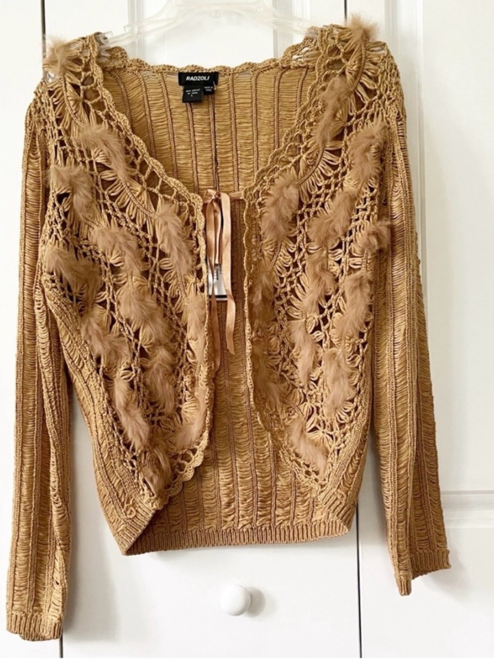 NWT Radzoli Crochet Feather Accent Tan/Gold Cardigan Sweater